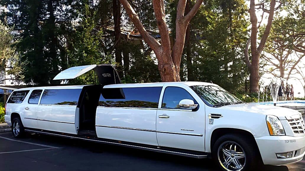 White 2012 Cadillac Escalade super stretch limousine