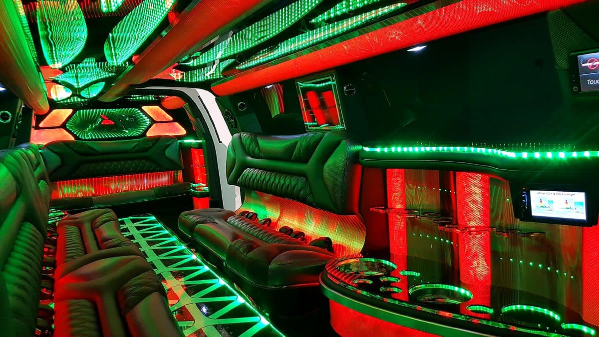 Lit interior of the 2018 Escalade super stretch with LED party lighting